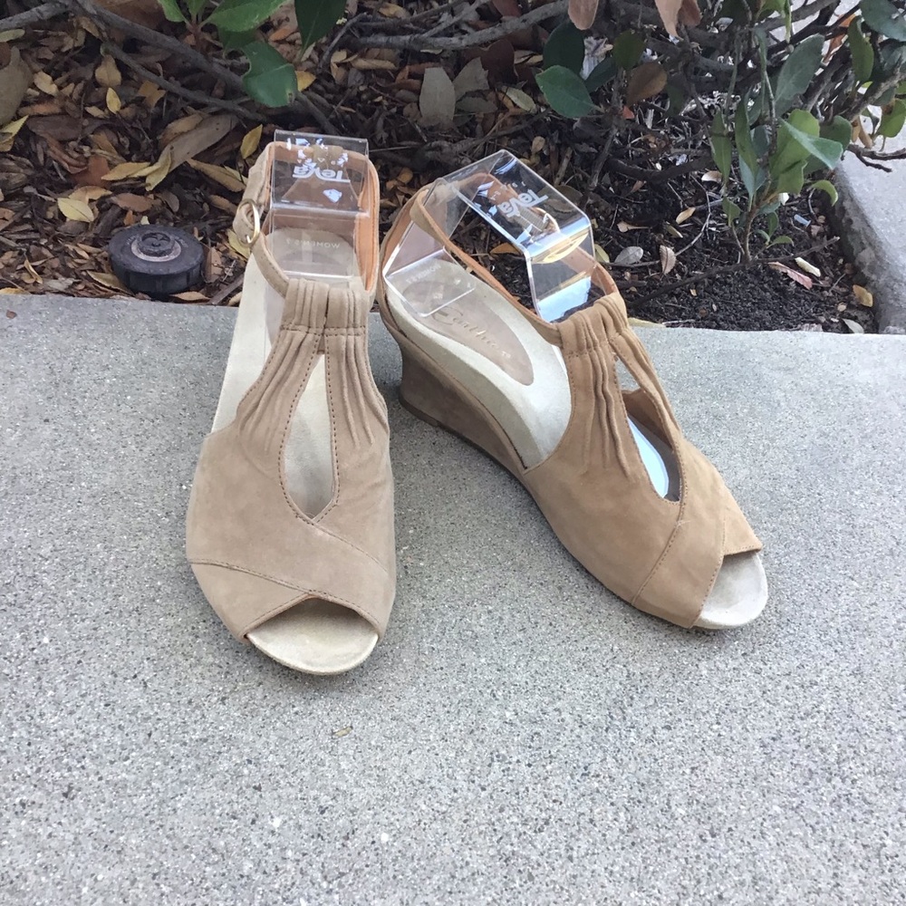 Earthies Suede Wedge Heels in Tan — Women’s Comfortable Slip-On Wedges